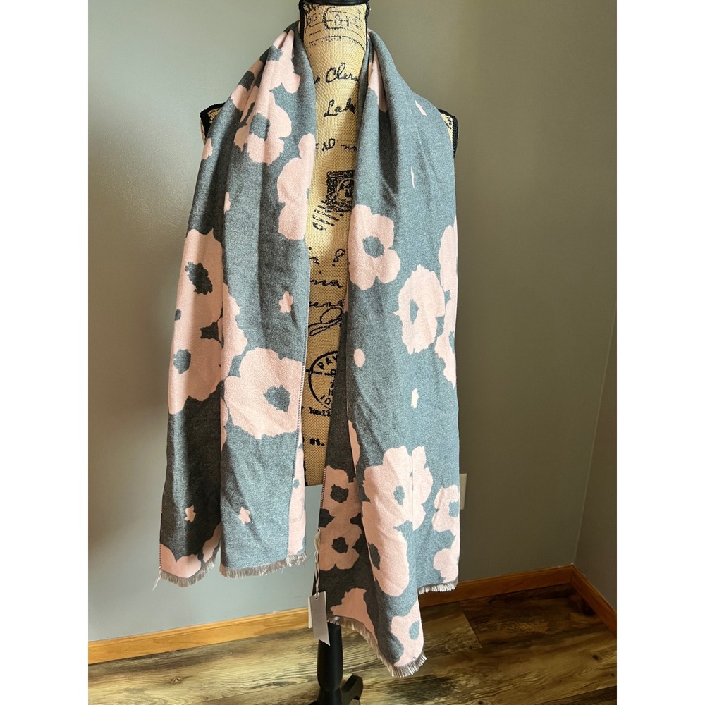 Floral reversible fringe large scarf pink gray chic feminine